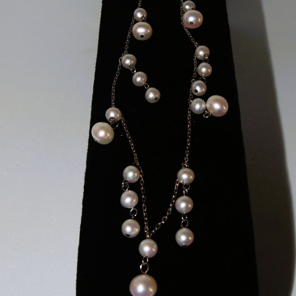Genuine White Fresh-Water Pearl's Dangling 16 Inch Necklace .925 Sterling Silver - Picture 2 of 5